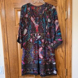 Ranna Gill Black Paisley Floral V-Neck Dress with Multicolor Print